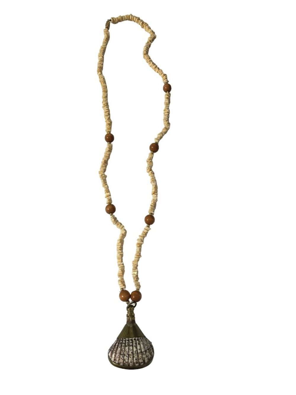 Vintage Shell Bead Necklace With Large Brass Bell Pendant Boho Tribal Statement